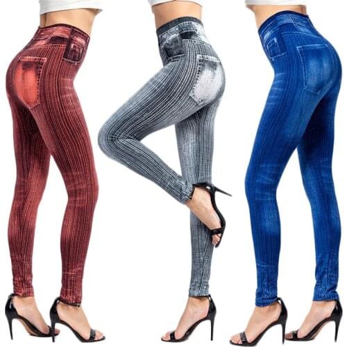 Summer Fashion Sexy Vertical Stripe Printed Leggings Women Slim Imitation Denim Legging Casual Jeans Jeggings