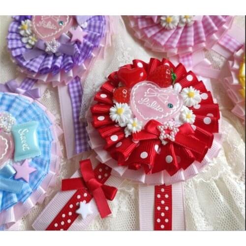 Lolita Strawberry Heart Bow Badge Brooch Pins Plaid Ribbon Collect Handmade gift D141