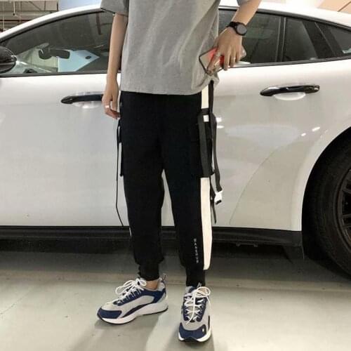 Men Hip Hop Drawstring Multi Pockets Straps Ankle Tied Long Cargo Pants Trousers Mens Clothing 2021 брюки карго мужские