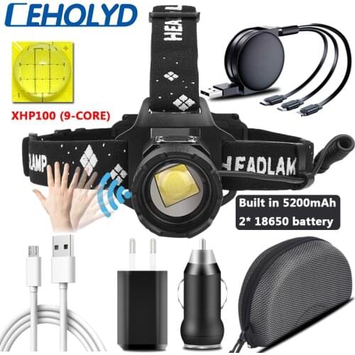 XHP100 9-core Built in BatterySensor Led Headlamp Powerbank 7800mAh Headlight Zoomable Head Flashlight Lamp Torch for Camping