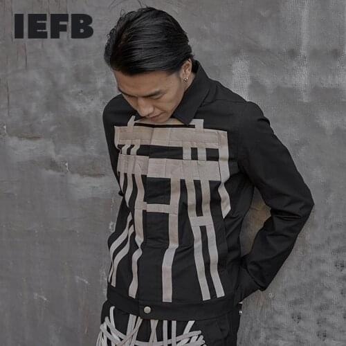 IEFB 2021 spring new mens clothes ribbon patchwork slim jacket Hip Hop high street trend black short coat fashion 9Y4423