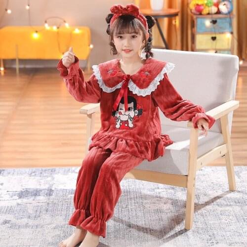 2022 Autumn Winter Warm Flannel Girls Pyjamas Sets Thick Coral Velvet Long Sleeve Cartoon Sleepwear Kids Lace Princess Pyjamas