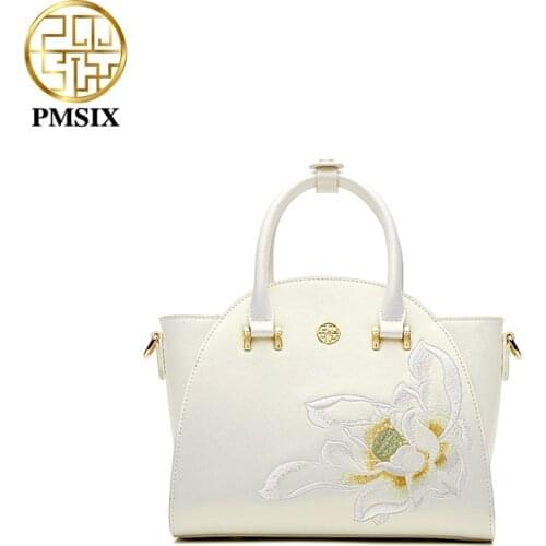 PMSIX Cow Leather Embroidery Handbags For Women Luxury Designer Handbag Elegant Shoulder Bag Fashion Female Ladies Bags 2021