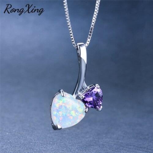 RongXing Cute Double Heart Opal Zircon Pendant Necklaces for Women Silver Color Jewelry White/Blue/Purple Birthstone Necklace