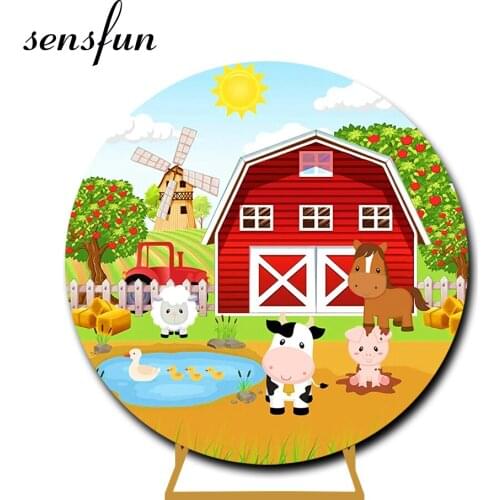 Sensfun Farm Theme Round Backdrop Cover Red House Animals Girls 1st Birthday Party Photography Background Photo Studio Elastic