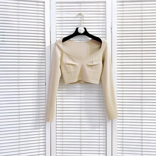 ShesModa Sexy Chest Wrapped Knitted Spandex V-neck Long Sleeves Cropped Top Womens Top woman sweaters