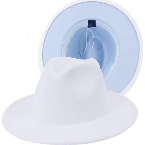 Men Women New Fashion White Lake Blue Patchwork Flat Wide Brim Woolen Felt Jazz Panama Fedora Hat Church Party Elegant Hat