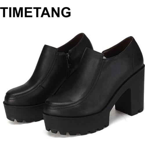TIMETANGQuality Deep Mouth Black Shoes for Women High Heels Pumps Woman Shoes 2019Spring Genuine Leather Block Ladies Heels Shoe