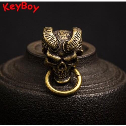 Punk Brass Sheep Horns Skull Head Belt Cloth Buckle Retro Brass Handmade DIY Leather Accessories Men Keychain Hanging Key Ring