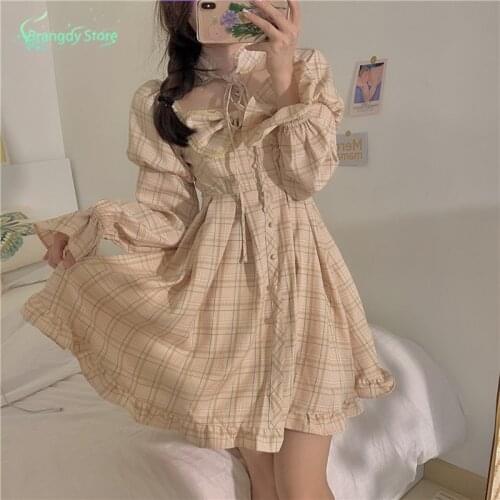 Vintage Cottagecore Aesthetic Dress Harajuku Kawaii Casual Skirt Isinbobo Kobieta Sukienka