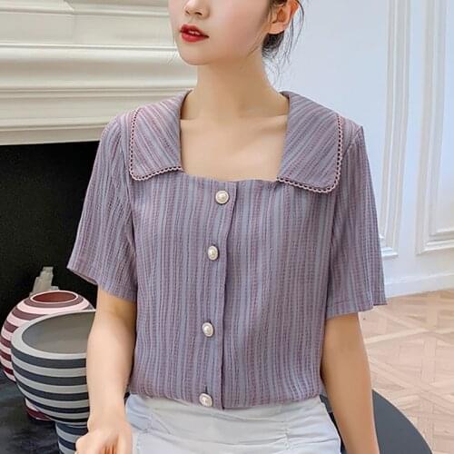 Sweet Style Stripe Women Chiffon Blouse Fashion Wild Square Collar Sleeve Shirt 2021 Summer New Buttons Shirts For Women