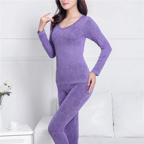 2Pcs Autumn Winter Women Pajama Sets Thermal Solid Print Seamless Long Sleeve O Neck Top Elastic Pants Ladies Sleepwear Set