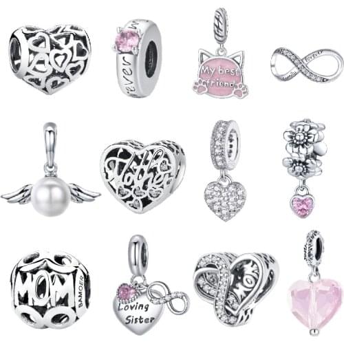 BISAER 925 Sterling Silver Infinite Love Charms Bead Pink Charms Fit Original Bracelet For Women DIY Jewelry Making EFC516