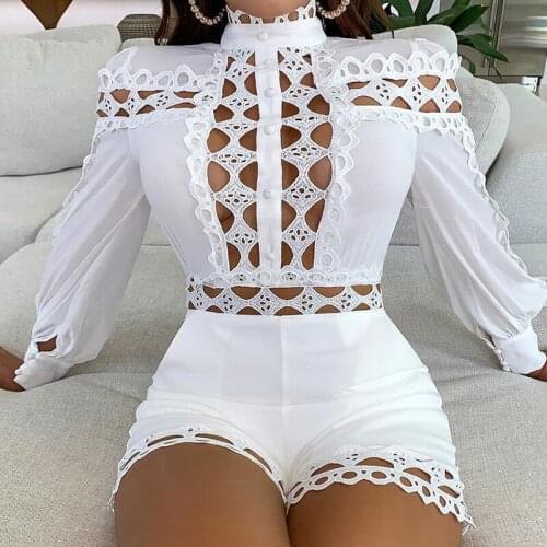 Women’s Casual Sexy Style Romper Fashion Solid Color Hollow Long Sleeve Slimming Mid Waist Puff Sleeve Playsuits Black/White
