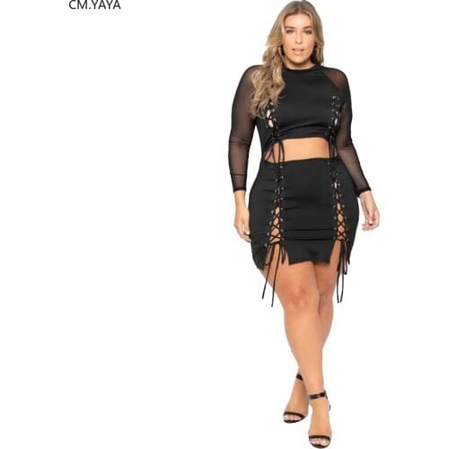 Plus Size Women Two Piece Sets Summer Tracksuit Lace Up Mesh Sleeve Tee Tops + Bodycon Midi Mini Skirts 2pcs Suit Fitness Outfit
