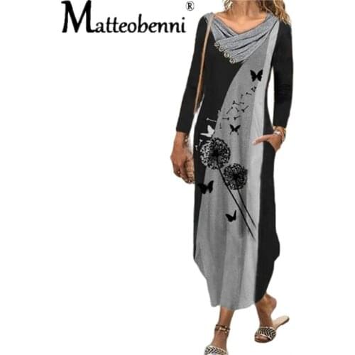 2021 New Women Casual Dress Long Sleeve Dandelion Print Loose Long Dresses Femme Cross V-Neck Patchwork Female Boho Maxi Dress
