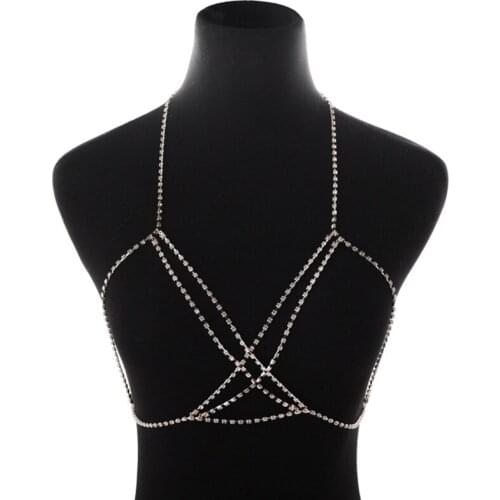 12 pieces/lot Rhinestones Chest Cross Body Belly Chain Multi Layers Bra Necklace Women Gold Silver Color Crystal Bikini Jewelry