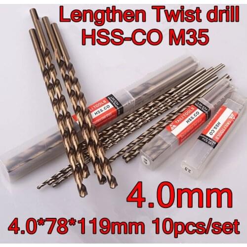 4.0*78*119mm 10pcs/set HSS CO5% M35 Containing cobalt longer twist drill Processing stainless steel and steel