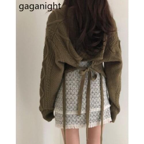 Gaganight Vintage Women Back Lace Up Sweater Solid Fashion Outwear Tops Cropped Pullovers Lady Chic Korean Sweaters Dropshipping