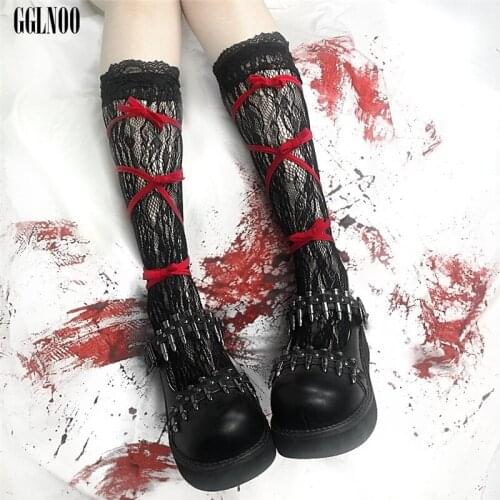 GGLNOO Gothic Punk Sexy Hollow Out Lace Socks Japanese Harajuku Cosplay Lolita Socks Streetwear Knee Length Women Socks