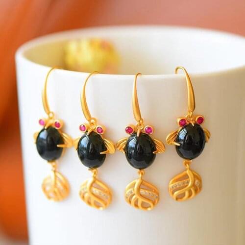 Natural Hetian Moyu Chinese style koi earrings retro fresh and cute light luxury charm womens brand jewelry