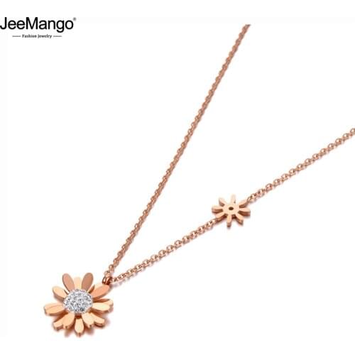 JeeMango Titanium Stainless Steel Clay Rhinestone Daisy Flower Charm Pendant Necklaces Trendy Choker Necklace For Women JN20115