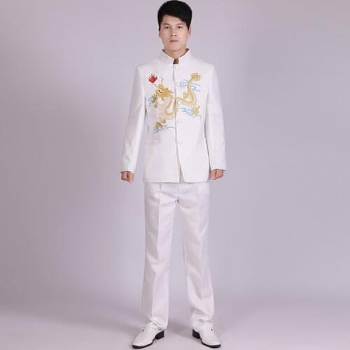 Fashion White Black Stand Collar Dragon Embroidery Chinese Tunic Suit Set Men Suit Latest Coat Designs Mens Suits