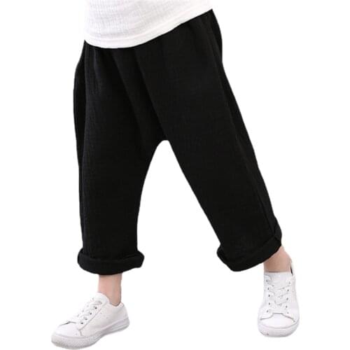 2020 Summer Kids Trousers Boys Girls Casual Harem Pants Children Solid Color Linen Pleated Tourser Boy Breathable Pants