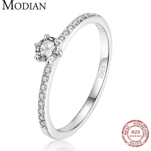 Modian Solid 925 Sterling Silver Simple Round Clear CZ Finger Rings For Women & Girls Cassic Wedding Statement Fine Jewelry Gift