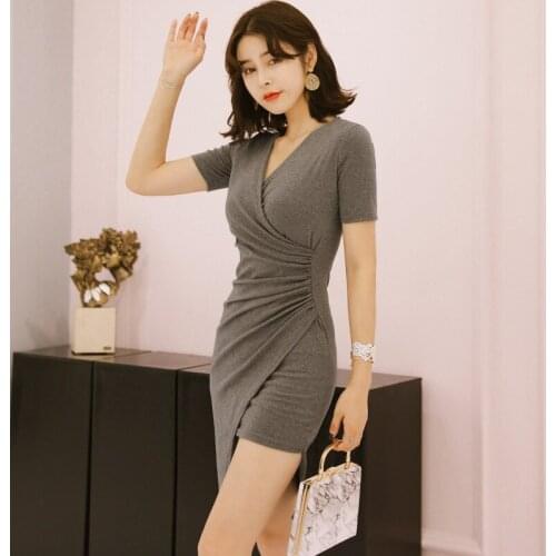 2021 Summer Dress New Womens Ladies Sexy V-Collar Slim High Pocket Hip Oblique Irregular Dress Sexy & Club