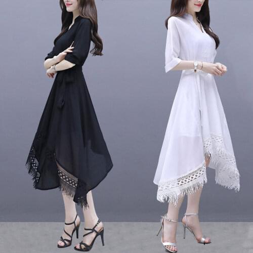 New Women Dress Summer Fashion Mid-length irregular Short Sleeve Elegant Dresses Female Casual Plus Size Ladies Dress Vestidos