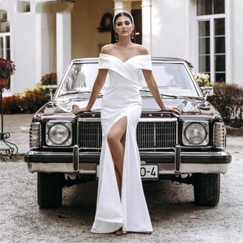 Simple Off The Shoulder Mermaid Wedding Dresses Side Split Boho Bridal Gowns Sweep Train Cheap Customized Vestidos