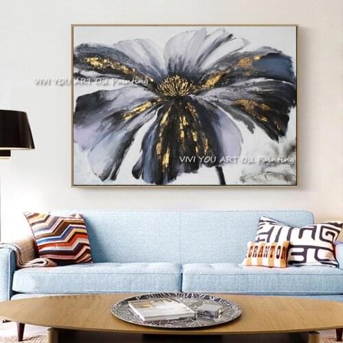 Hand Painted Gold Black Flower Oil Painting on Canvas art Modern painting Large Size Picture for Living Room Home Decoration