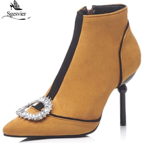 Sgesvier ankle boots for women luxury crystal rhinestone ring pointed toe high thin heels versatile occasion boots ladies OX987
