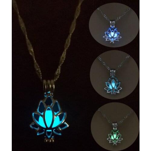 Luminous Glowing In The Dark Moon Lotus Flower Shaped Pendant Light In The Night Necklace for Women Yoga Prayer Buddhism Jewelry