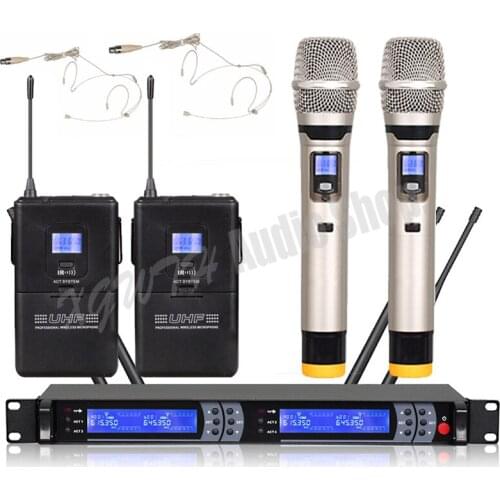 UHF Digital Wireless Microphone System 2 Handheld Dynamic Mic + 2 Bodypack Condenser Headset Mic