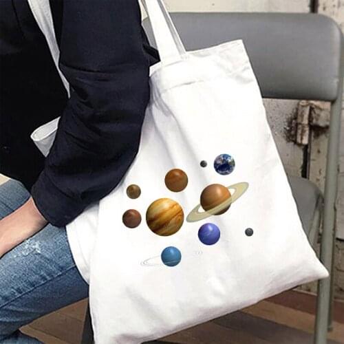 Ulzzang Black Women Shopping Canvas Bag Female Planet Graphics Girl Tote Eco 90s Style Shopper Shoulder Bags Korean Harajuku Bag