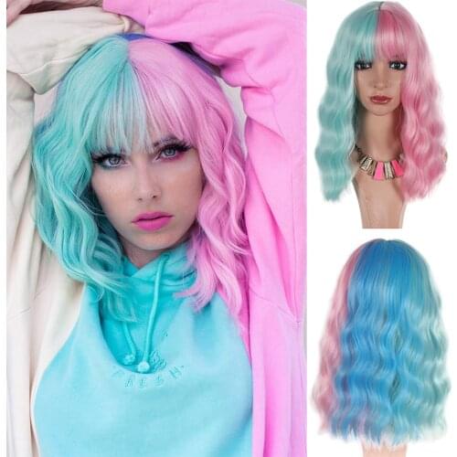 Umot Rainbow Bob Wigs Short Wavy Synthetic Wigs With Bangs 3 Tones Purple Blue Yellow Pink Ombre Cosplay Wigs For Women 14 Inch