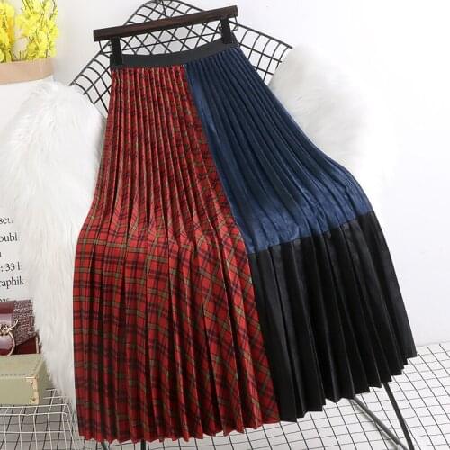 New Fall Women Swing Skirt Ladies Fashion Elastic High Waist Splicing Color Layer Pleated Mid-Skirt Soft Middle Skirt