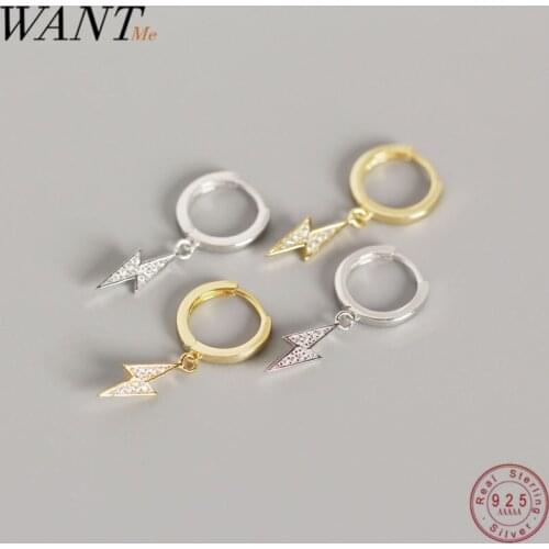 WANTME Real 100% 925 Sterling Silver Pave Crystal Zircon Personality Lightning Pendant Stud Earrings for Women Fine Jewelry