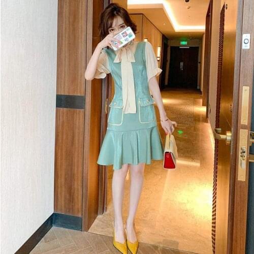 Womens Summer New Style Bowknot Fluttering Led Stitching Silky Luster Fake Two-Piece Dress