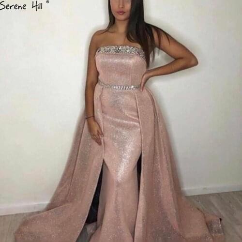 Serene Hill DuBai Pink Boat Neck Beadings Luxury Evening Dress 2021 Off Shoulder Sexy Women Formal Party Wear Gown CLA6549