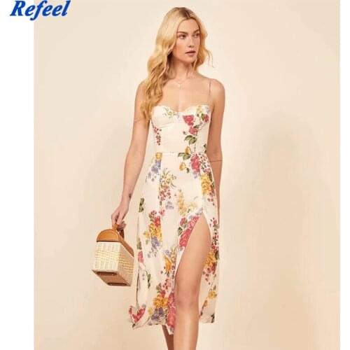 Vintage Adjust Spaghetti Strap Split Dresses Elegant Stripe Floral Print Lining Zipper Vestidos Retro Sleeveless Women Dress