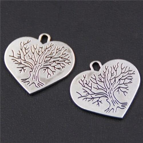 15pcs Fashion Tree of Life Charm Heart Shaped Metal Pendant Necklace Bracelet DIY Jewelry Handicraft Making 23*22mm A404