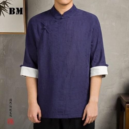 2021 Chinese Costume Cotton Linens Hanfu Wu Tang Tops China Tang Suit Shirt Men Clothing Oriental Style Short Sleeve Coat Male