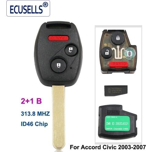 3 Buttons Remote Key Fob 2+1 Buttons 313.8Mhz With ID46 Chip for Honda Accord Fit Civic 2003-2007