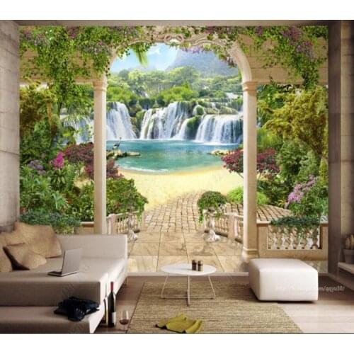 Papel de parede Garden balcony waterfall scenery 3d wallpaper mural,living room bedroom wall papers home decor
