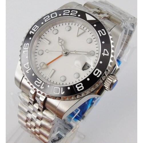 40mm White Sterile Dial Black Ceramic Bezel GMT Luminous Date Sapphire Glass jubilee Automatic MOVEMENT Mens Wristwatch
