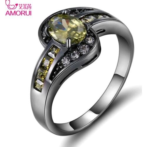 AMORUI Vintage Gold Black Color Oval Olive Green CZ Wedding Rings for Women/Men Jewelry Birthstone Engagement Ring Bijoux Gift