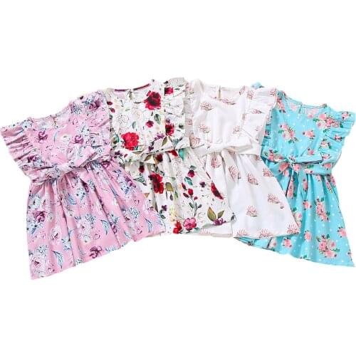 Kids Girls Fashion Fly Sleeve Floral Print Dress Stylish Dress for Children Baby Girls